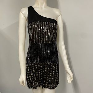 Alice + Olivia Liquid Gunmetal One Shoulder Black Dress SP Small Petite